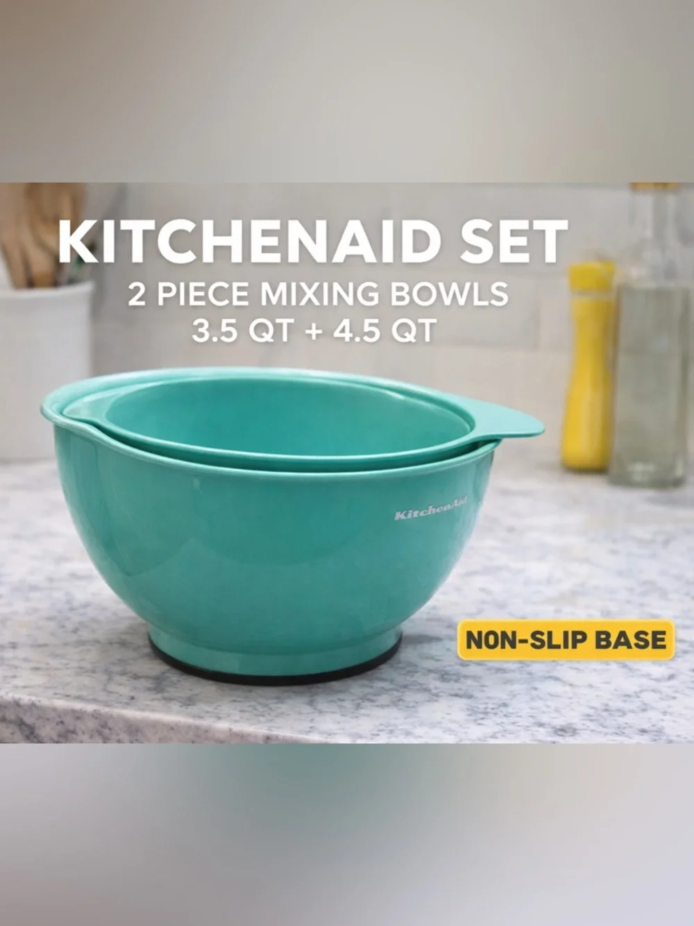 KitchenAid Mixing Bowl Set Aqua 3.5 Qt + 4.5 Qt Non-Slip Nesting